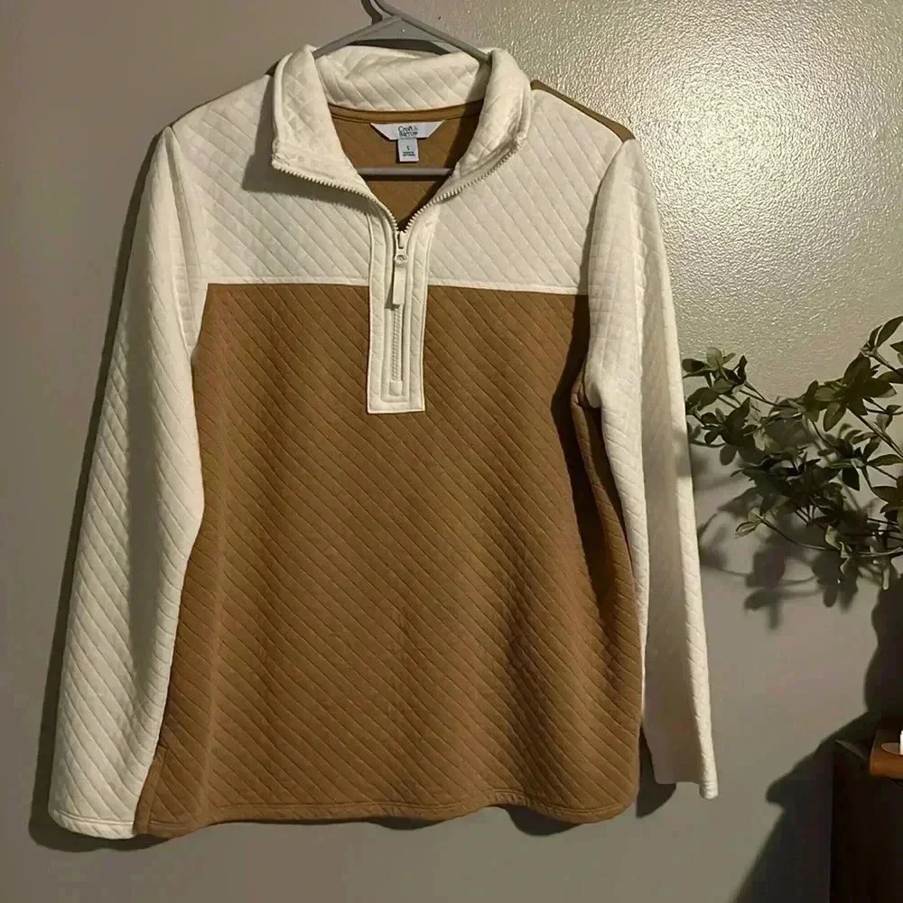 Croft & Barrow Quilted Pullover Colorblock Cream Camel Cozy Preppy S - Picture 2 of 8